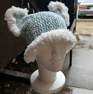 Crochet Blue and White Multicolor Cat Beanie with Fur